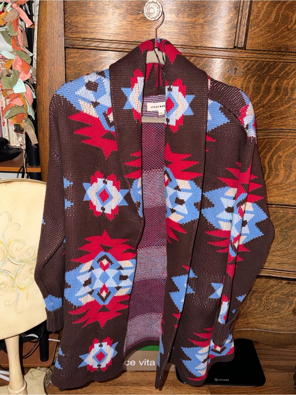 Lucky Brand Brown Aztec Shawl Collar Cardigan Sweater - Red & Blue Pattern